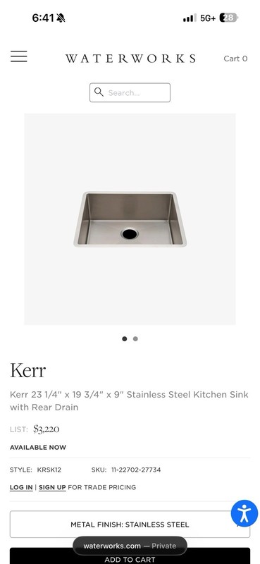 Waterworks Kerr Undermount Stainless Steel Rectangular Kitchen Sink 23x19x9 in