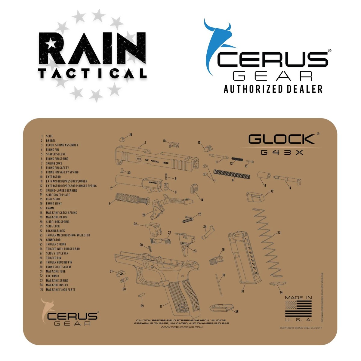 For Glock 43X Schematic Handgun Mat Cerus Gear FDE | eBay