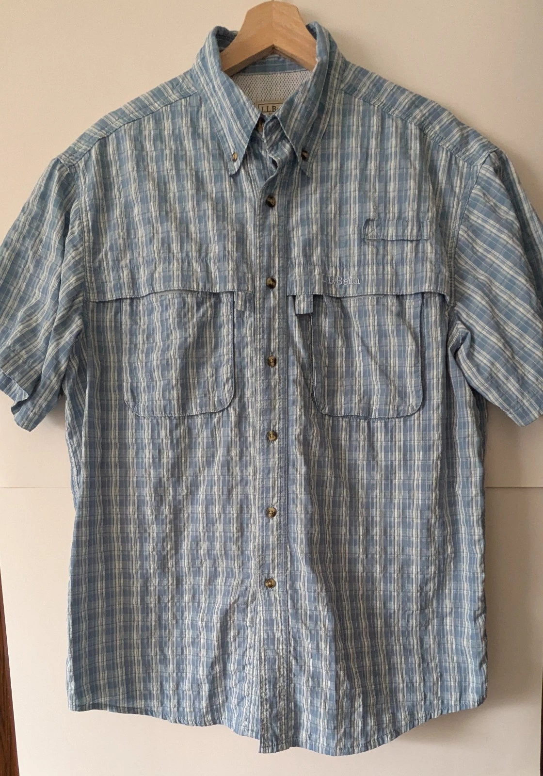 LLBean Men's Medium Blue Plaid Button Down Performance Shirt Hiking Fishing