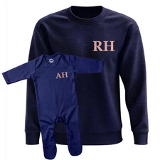 Kids Rose Gold Custom Initials Navy Outfit Sweater & Romper Matching Stylish
