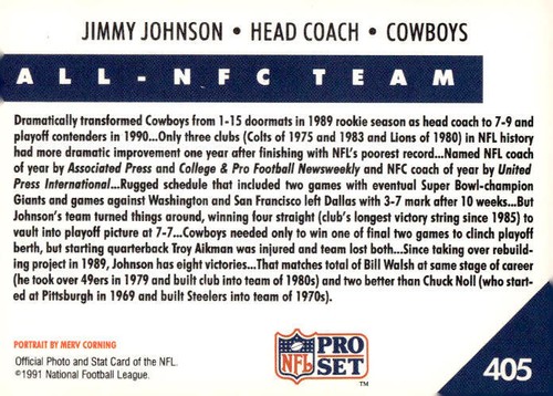 1991 Pro Set #405 Jimmy Johnson Dallas Cowboys - Picture 2 of 2