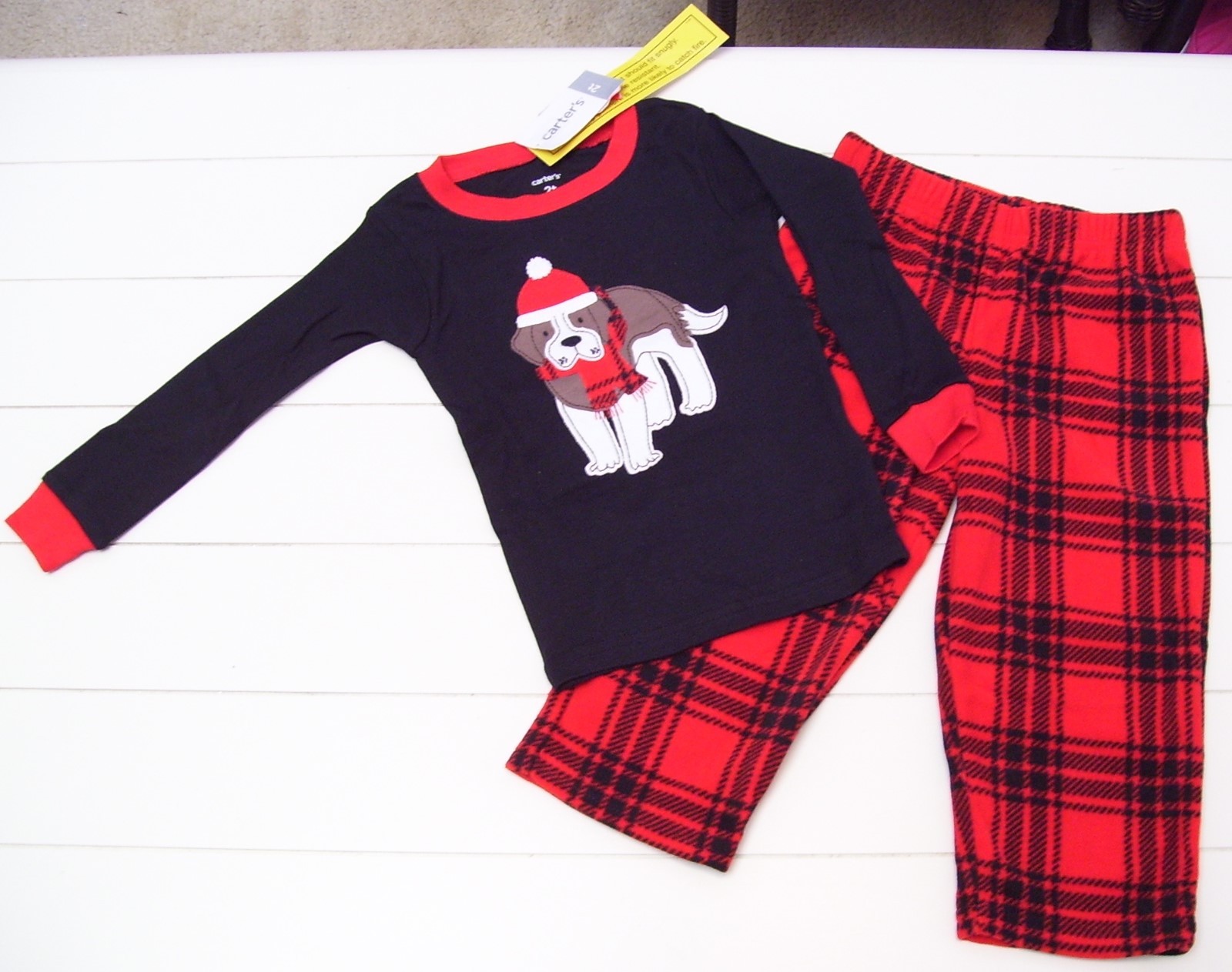 Carter's 2 Pc Saint Bernard Dog LS Shirt and Plaid Fleece Pants Pajamas Sz 3T 4T