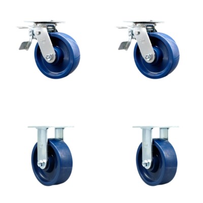 6 Inch Solid Polyurethane Caster Set with Ball Bearings 2 Brakes 2 Rigid SCC