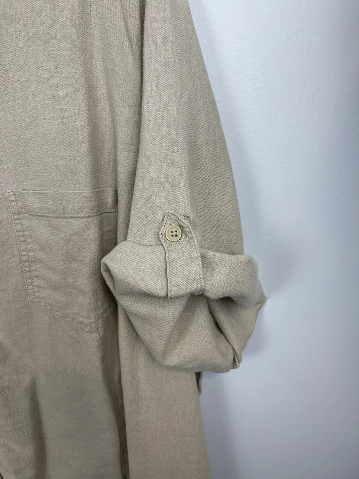 Blusa Just My Size beige tostado lino abotonada para mujer 4X 26W-28W manga con lengüeta enrollable Foto 3 de 4