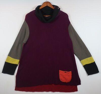 Margaret Winters Turtleneck Sweater Waffle Knit Colorblock Maroon Gray  Pockets L