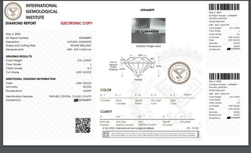 IGI CERTIFIED 100% Natural Diamond 0.31 Ct Round Cut 4.4 mm L Color SI2 Grade - Picture 2 of 8