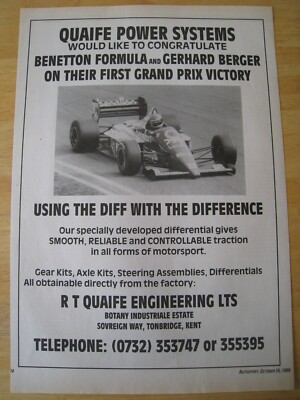 QUAIFE POWER SYSTEMS BENETTON FORMULA GERHARD BERGER 1986 ADVERT A4 FILE 47