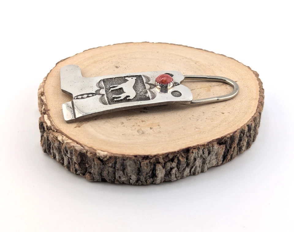Llavero Nativo Americano Plata Esterlina Piedra Coral Diseño Bota Vaquera Occidental Foto 2 de 4
