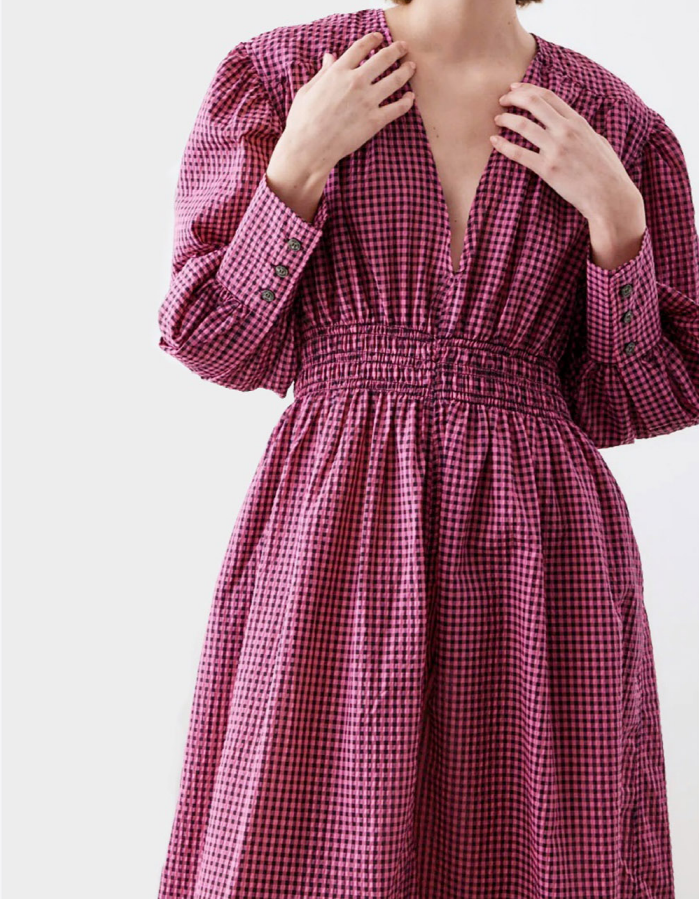 即発★GANNI★ SEERSUCKER GATHERED MIDI DRESS F6713 Ganni Seersucker Gathered Midi Dress / F6713 | eBay