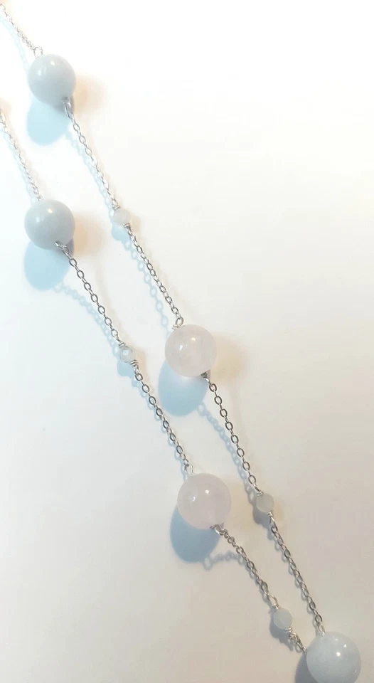 collana in argento 925 con acquamarina tonda e sfaccettata e quarzo rosa da 8 mm - Immagine 4 di 4