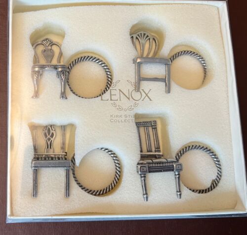 Lenox Kirk Stieff Colonial Chairs Pewter Napkin Rings Silver Tone Set of 4 New!! - Afbeelding 1 van 2