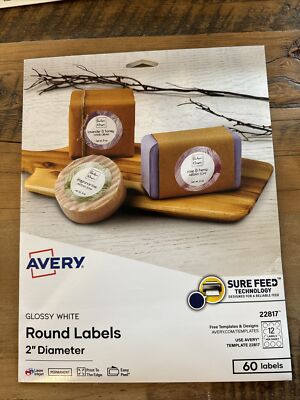 AVERY Round Labels 60 Print to Edge 2in Glossy White for Laser or Inkjet Printer