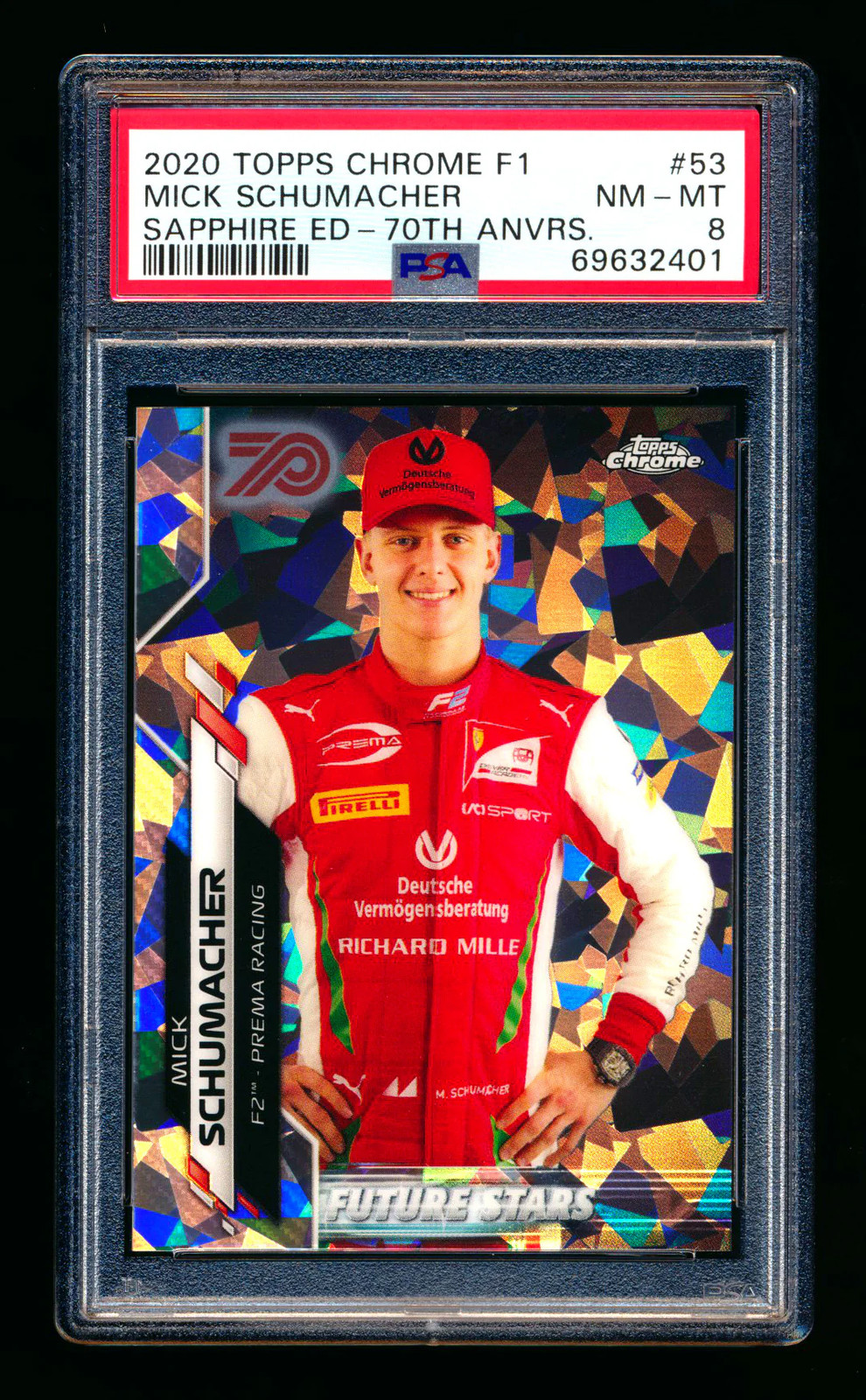 2020 Topps Chrome Sapphire F1 #53 Mick Schumacher RC 70th Refractor #22/70 PSA 8