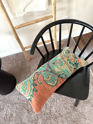 Turquoise Orange Coral Rug Pillow Cover 10x24 | Vintage Wool Cushion Handmade