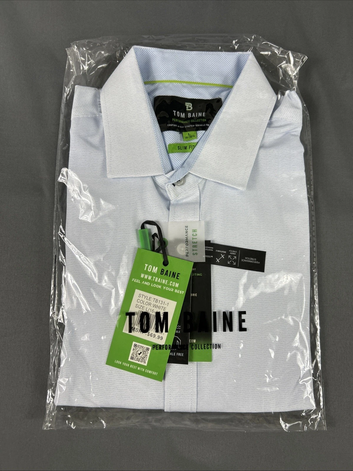 Tom Baine Dress Shirt Slim Performance Large 16-16.5 White Polyester MSRP $70