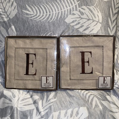 2! Mudpie 4 Coasters Cosmopolitan Home Linen E Initial 6'' Square Tan Brown New