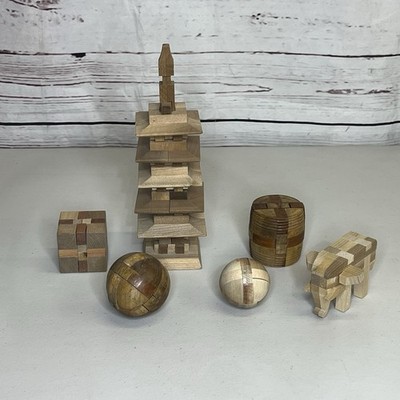 Lot of 6 Vintage Japan Wooden Puzzles; Pagoda, Elephant, Barrel, Block, Sphere