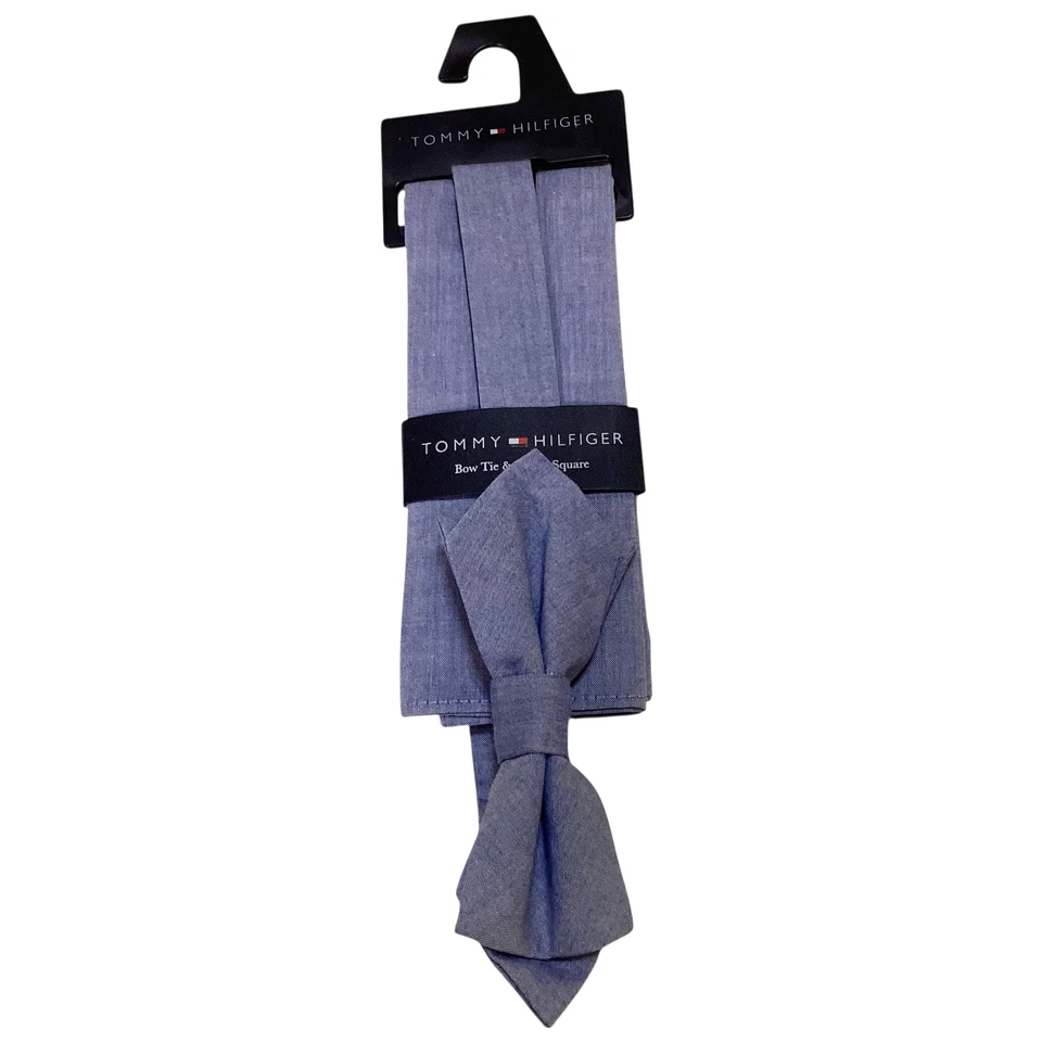 TOMMY HILFIGER Men's Cotton BOW TIE & POCKET SQUARE Set Designer SOLID Blue NWT - Image 2 of 2