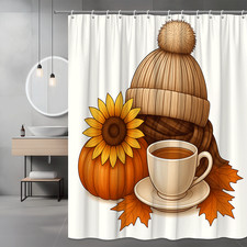 Fall Themed Shower Curtain with Pumpkin and Sunflower Design