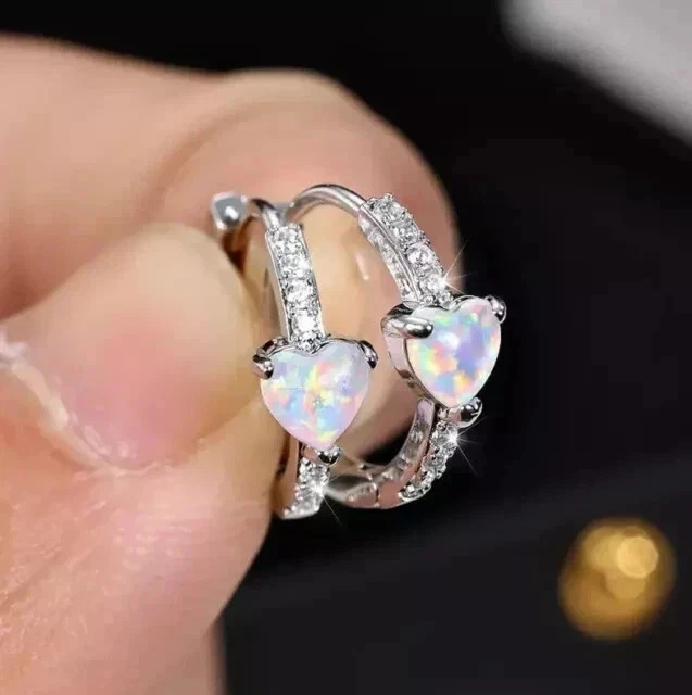 2Ct Heart Cut Lab Created Fire Opal Women's Hoop Earrings 14K White Gold Plated - Image 2 of 4