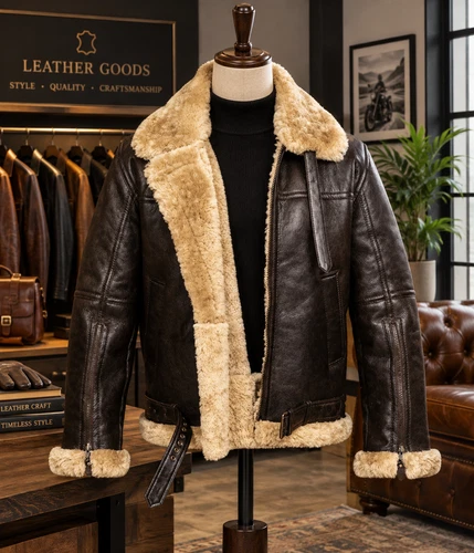 Men's B3 Shearling Bomber Jacket Black Brown Leather Aviator Pilot Winter Coat - product listing photo