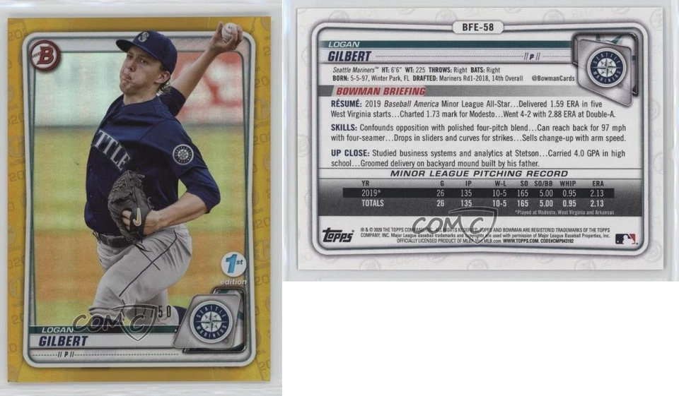 2020 Bowman 1st Edition Gold Foil 12/50 Logan Gilbert #BFE-58 13iq - Image 3 of 3