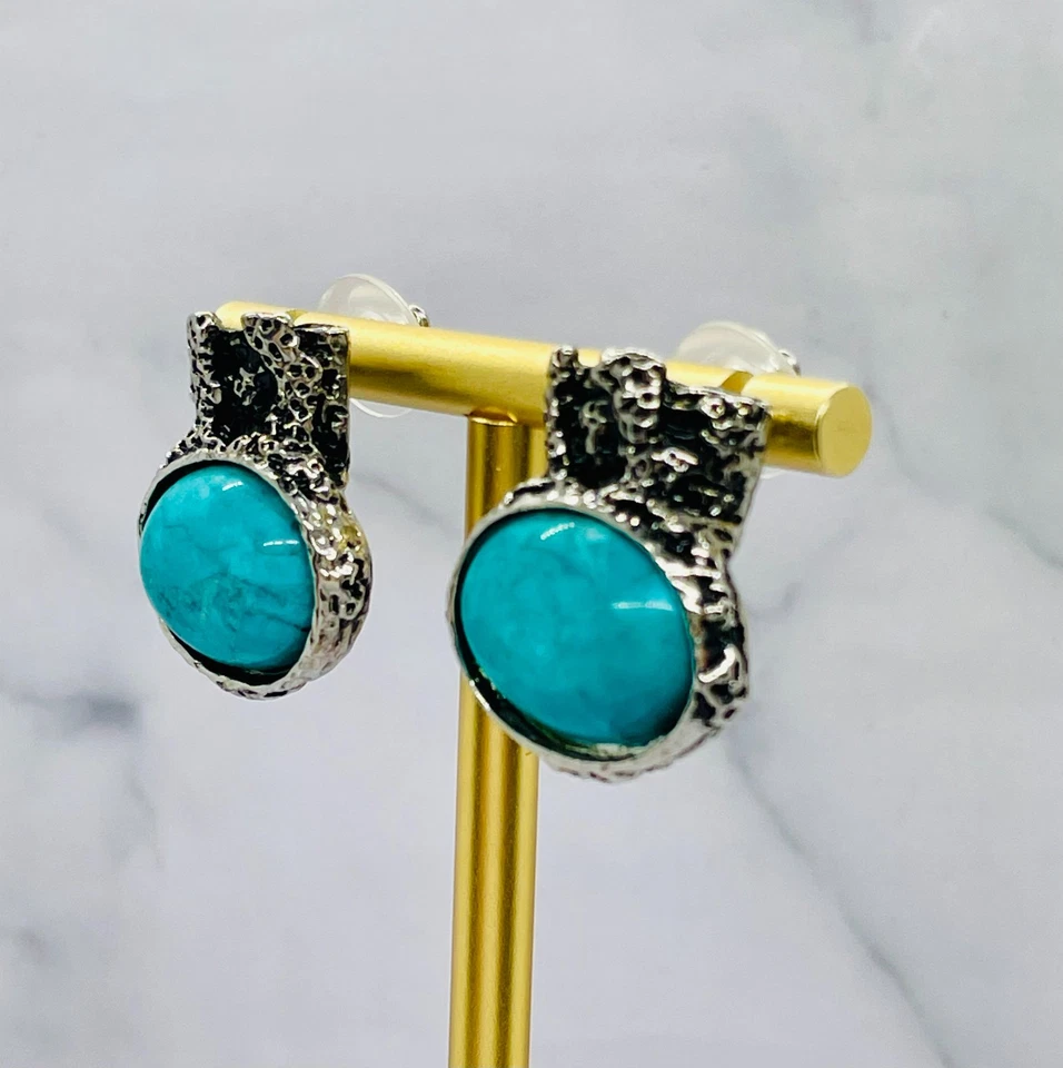 Auténticos Pendientes YSL YVES SAINT LAURENT PLATA PIEDRA VERDE AZULADO - Usados / LV5683 Foto 4 de 4