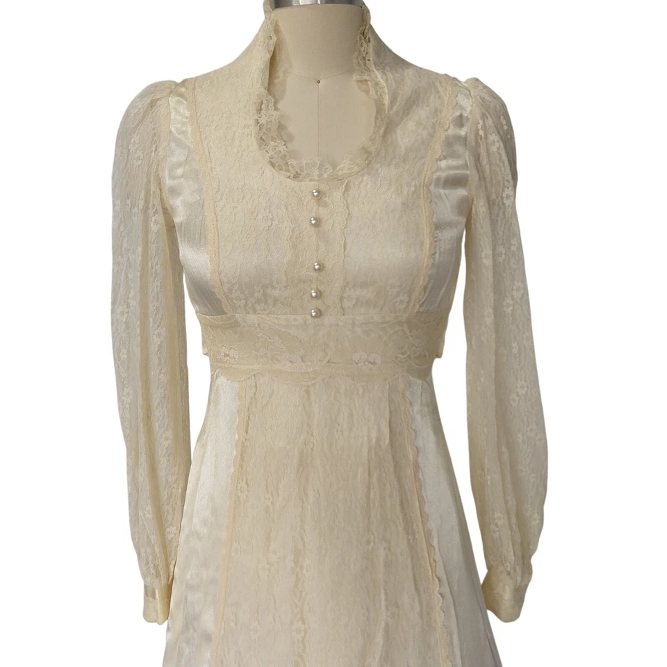 Maxi Vestido de Boda Gunne Sax Encaje Talla 7 Marfil Vestido Vintage Años 70 Pradera Encaje Foto 3 de 4