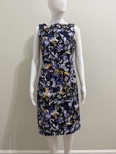 Talbots Cotton Stretch Navy Purple Yellow Floral Sleeveless Sheath Dress Sz 10P
