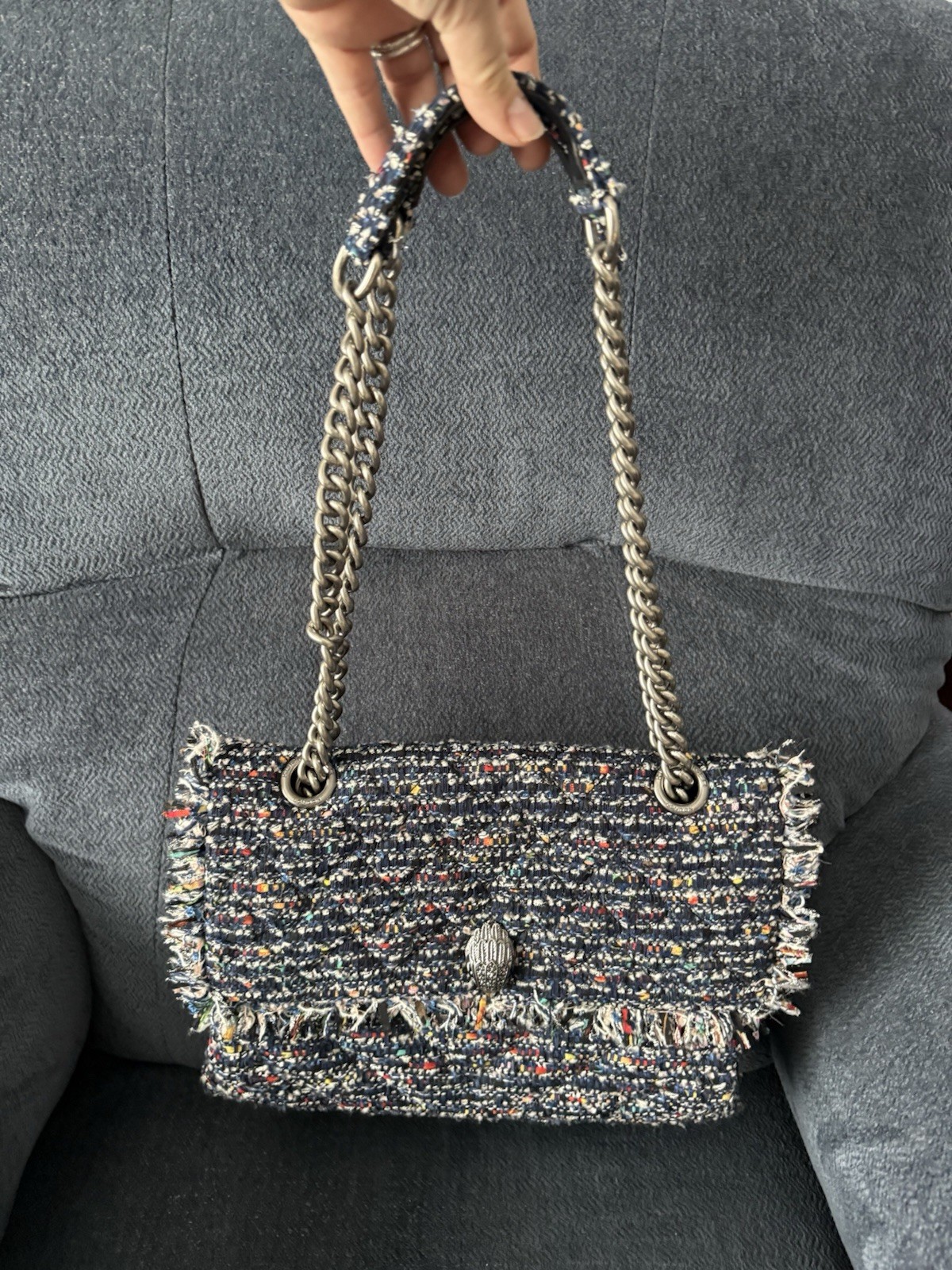 Kurt Geiger London Blue Tweed Shoulder Bag Silver Chain Eagle Flap Purse