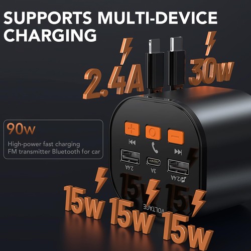 Retractable Car Charger, Bluetooth 5.3 FM Transmitter Adapter, Handsfree Call... - 第 2/7 張圖片