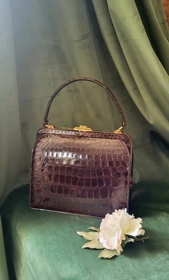 VINTAGE 1950s Genuine Crocodile  Leather Handbag Top Handle Classic Purse MINT! 