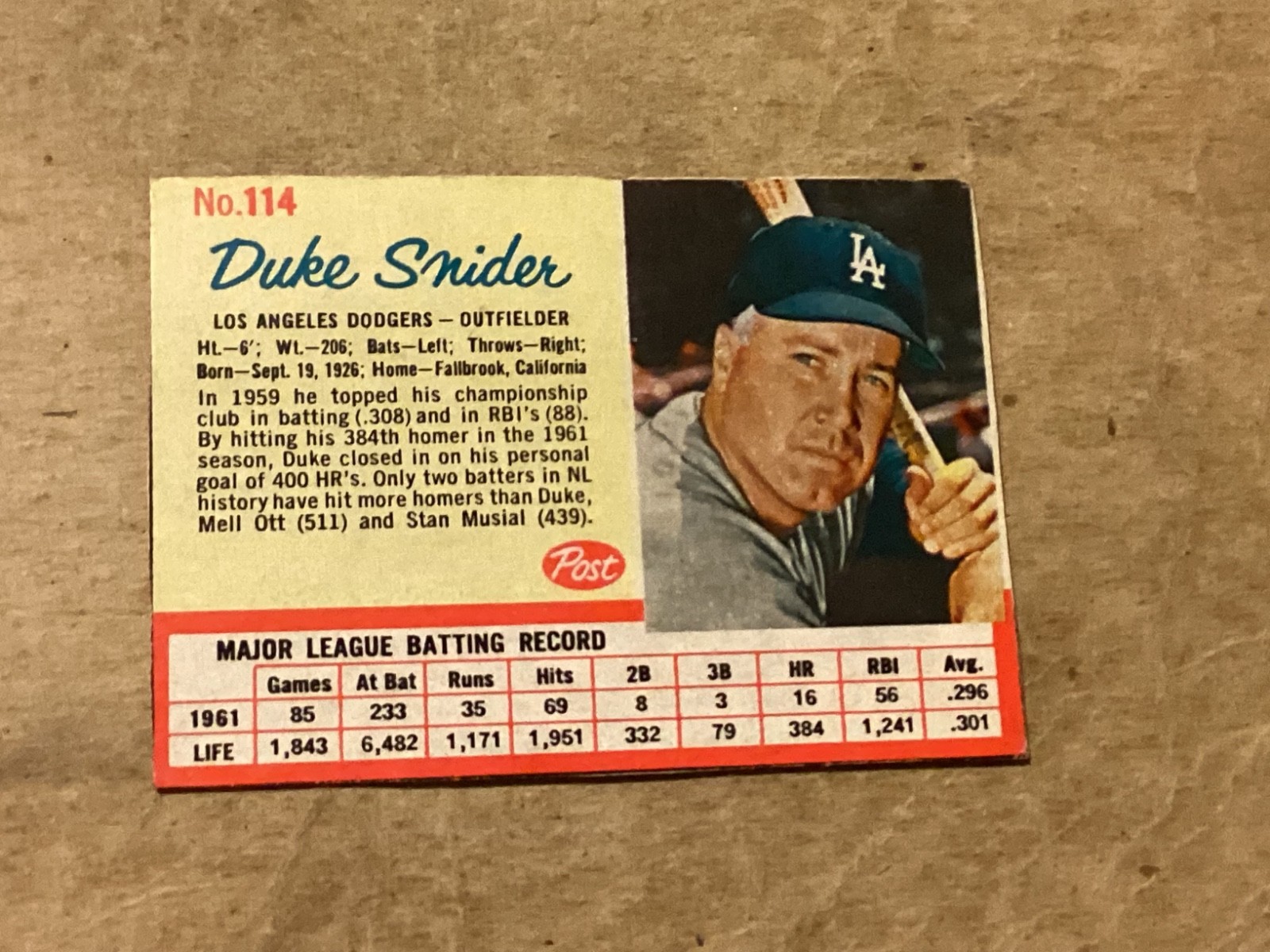 1962 Post Cereal Baseball Card #114 Duke Snider - EX - No Creases - Bright Color