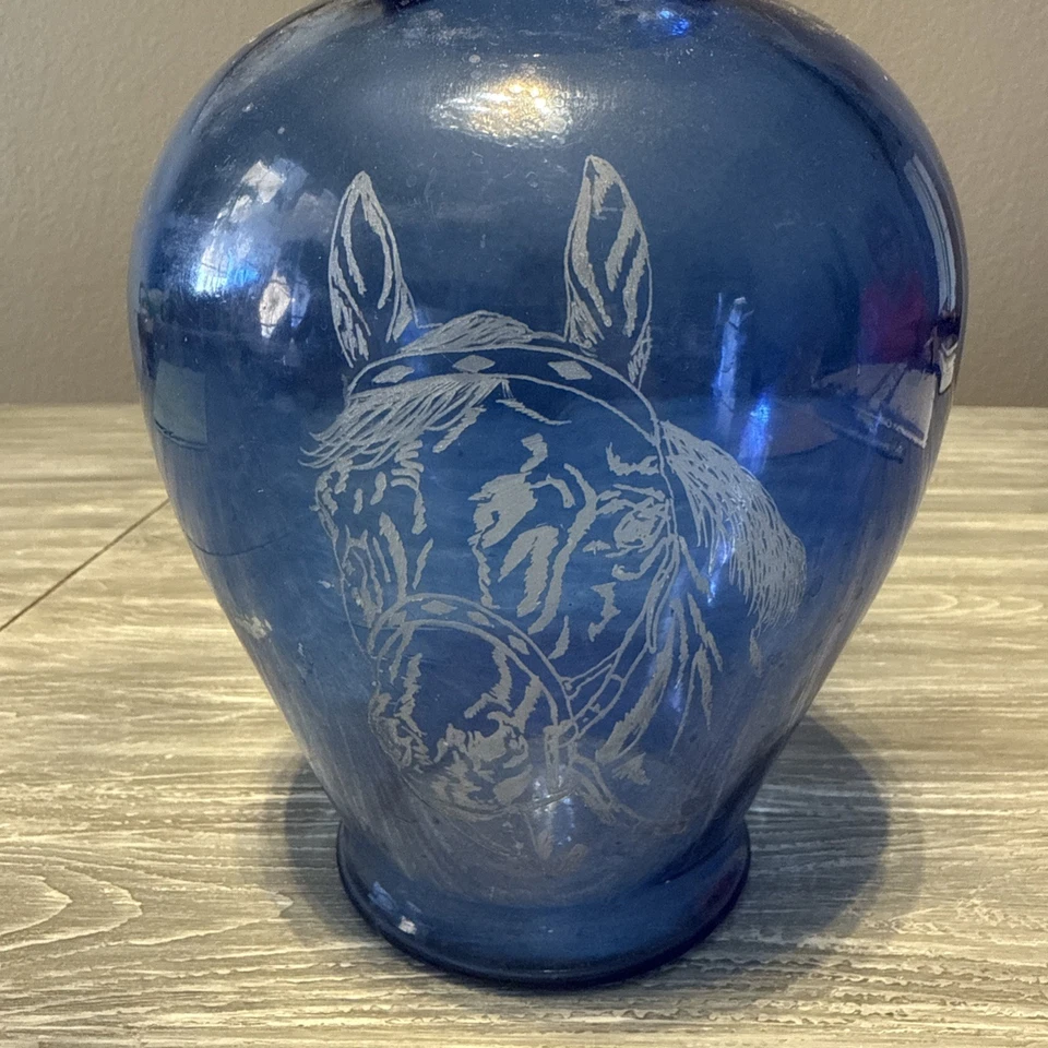Western Etched Horse Cobalt Blue Europa Vase 11 In - Image 2 of 4
