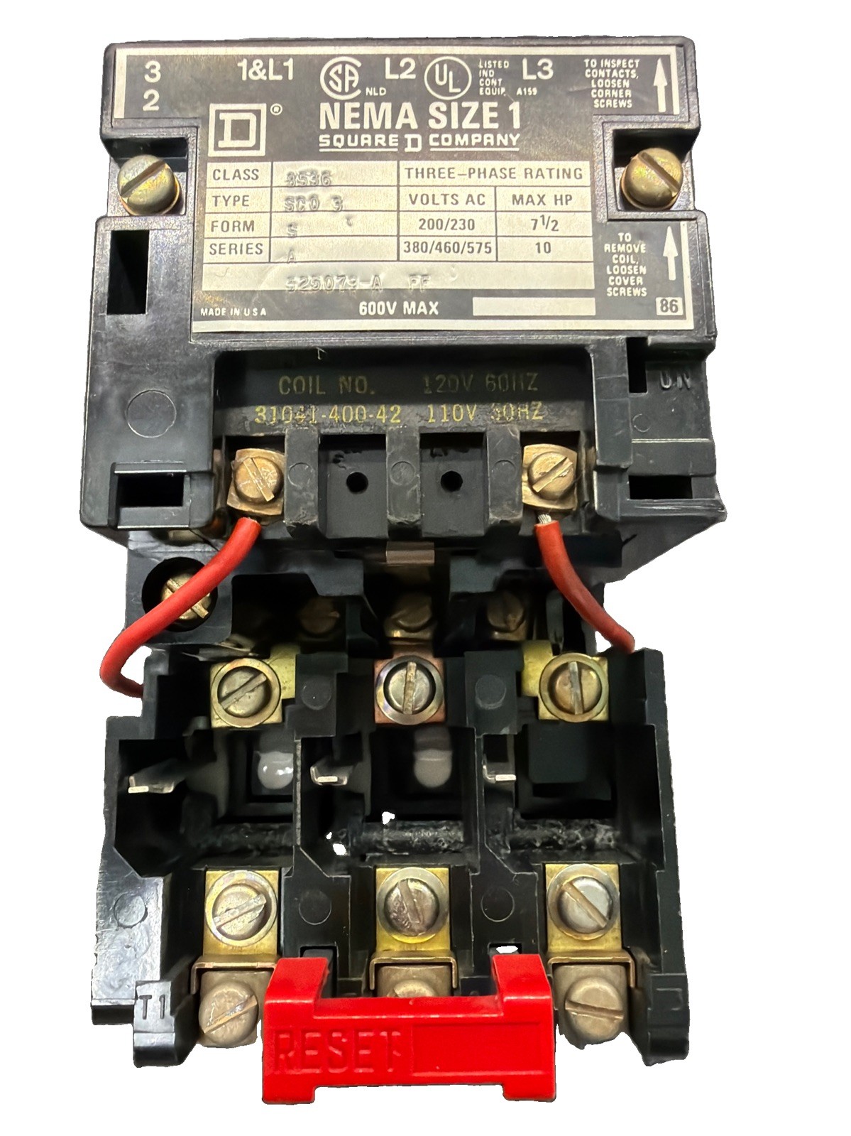 Square D NEMA Size 1 Contactor 8536 SC03 110/120V Coil 3-Pole 3-Phase