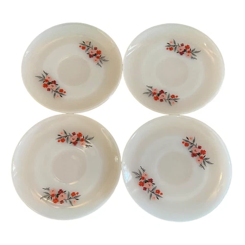Lot of 4 Beautiful Vintage Fire King Primrose Saucers USA Red Pink Floral Flower