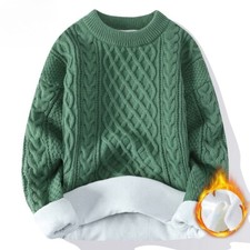 Men Soft Knit Sweater Crew Neck Fleece Lined Jumper Casual Sweater Winter Warm