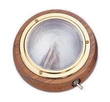 Pactrade Marine Boat 4" Dome Light PC Lens Brass Ring Teak Base Housing 15W Bulb Pactrade Marine Boat 4" Dome Light PC Lens Brass Ring Teak Base Housing 15W Bulb - Image 1