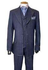 Men's 100 Cotton Denim Jean Suit Vested Double contrast stitching Navy 38R 56L