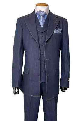 Men's 100% Cotton Denim Jean Suit Vested Double contrast stitching Navy 38R~56L