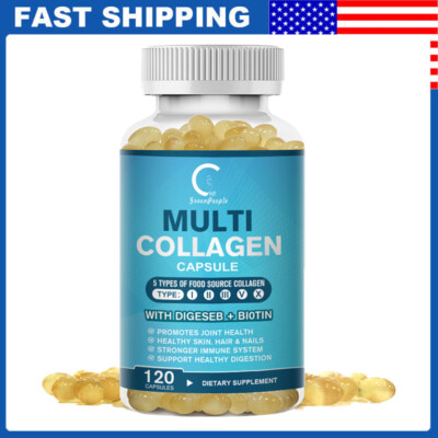 Multi Collagen Peptides-120 Capsules-Type I,II,III,V,X Anti-Aging Collagen Caps