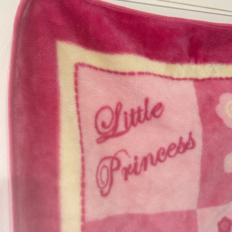 Pink Little Princess Baby Blanket Luxe Fleece Castle Crown Wand Squares Hearts - Image 3 of 4