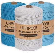 3mm Macrame Cord 220Yards 4-Ply Natural Cotton with Blue Rope for DIY Crafts