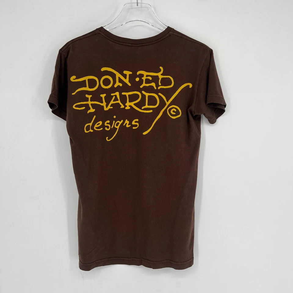 复古 Don Ed Hardy 衬衫男式 S 棕色头骨天使刀 Y2K Christian Audigier — 第 2/4 张图片