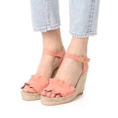 Loeffler Randall Peach Pink Gabby Suede Ruffle Espadrille Sandals BWOB Size 7.5