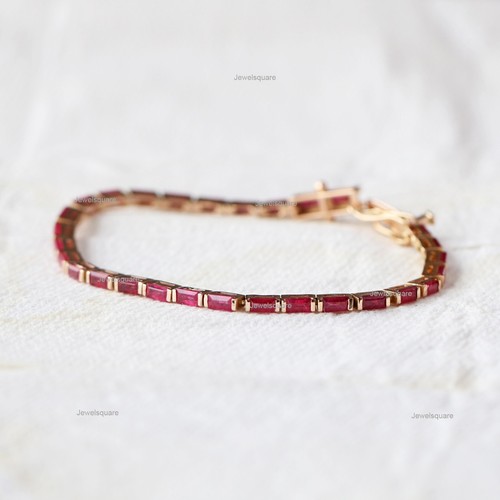 4x2mm Natural Baguette Ruby Stackable Tennis Bangle Bracelet 14k Yellow Gold - Picture 3 of 9
