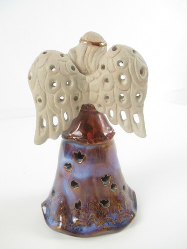 Angel Bell Ceramic Glazed 5" Praying Red Blue Purples - Picture 3 of 5