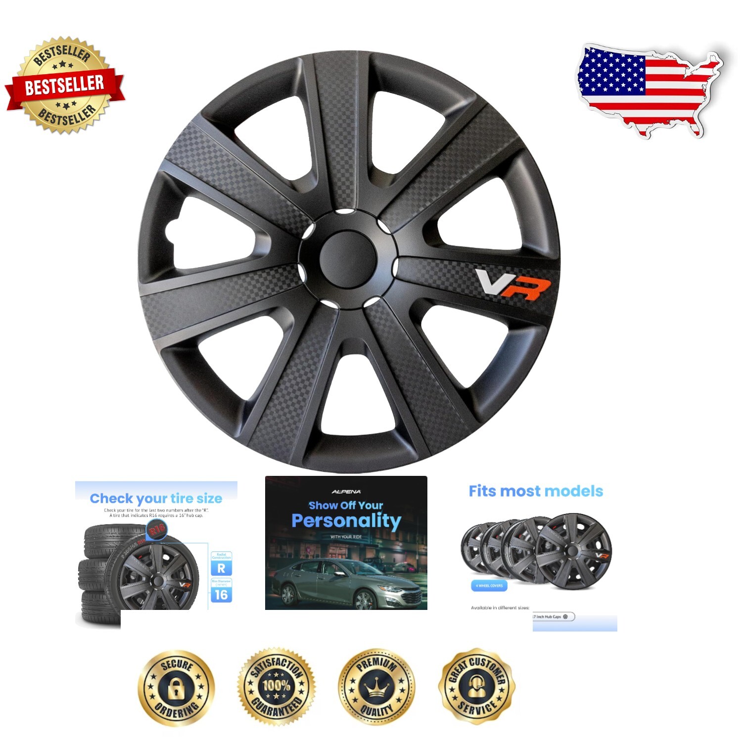 Premium 16 Inch VR Carbon Wheel Covers - Durable Hub Caps Set of 4, Black