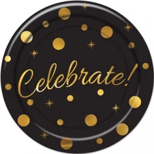 Celebrate Black and Gold 9 Inch Paper Plates 8 Pack Red Carpet Awards New Years