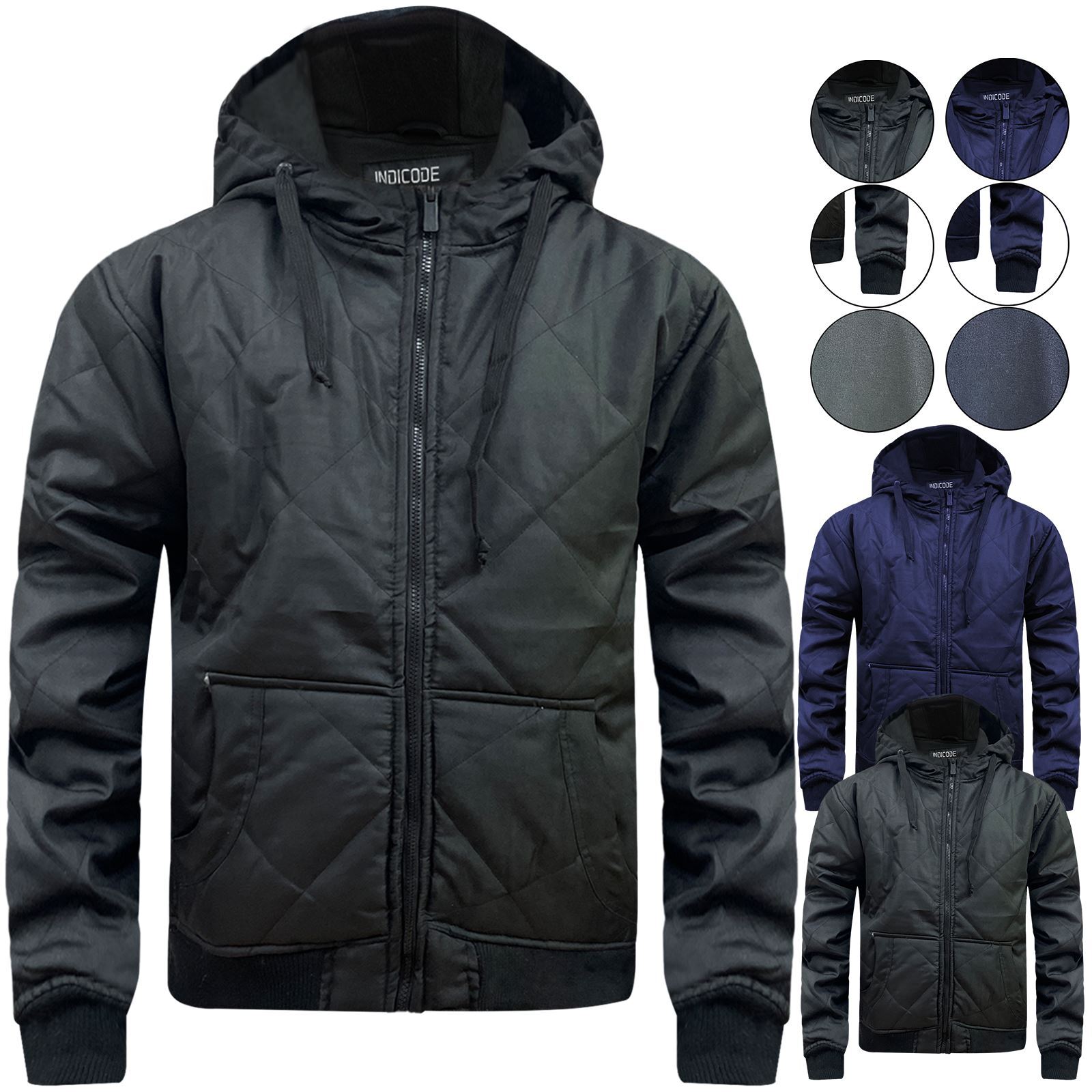 Mens Hooded Padded Jacket Quilted Puffer Fleece Lined Jacket Winter